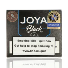 Joya Black Coronets cigar box in black and blue packaging with Nicaragua seal and Boveda humidity control marking.