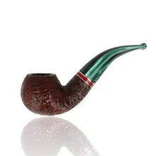 Savinelli St Nicholas 2026 shape 642 6mm Bent Apple pipe with dark brown rusticated briar bowl, curved pearlescent green stem and red and silver shank bands.