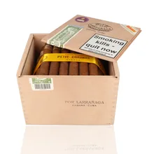 Open wooden cabinet of 50 Por Larrañaga Petit Coronas Cuban cigars with yellow Cabinet Selection ribbon, branded slide lid and Habanos seals.