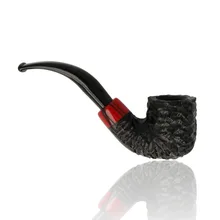 Peterson Halloween 2026 Rustic 01 Bent Pot pipe photographed from the opposite side, displaying the deeply textured black briar bowl, broad flat rim, contrasting red acrylic shank accent and polished black curved stem extending to the left.