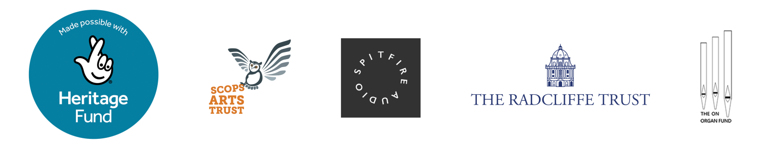 Logos of supporters National Lottery Heritage Fund, Scops Arts, Spitfire Audio, The Radcliffe Trust, and ON Organ Fund