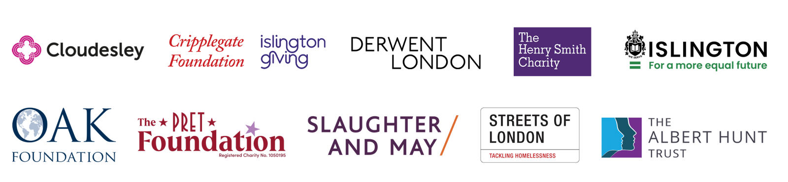 Supporter logos: Cloudesley, Cripplegate Islington Giving, Derwen London, The Henry Smith Charity, Islington Council, Oak Foundation, The Pret Foundation, Slaughter and May, Streets of London, The Albert Hunt Trust