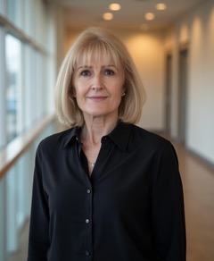 Lesley has blonde hair and wears a black shirt in a corridor