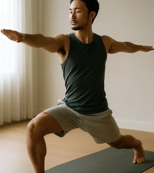 Athlete mid-flow in yoga, martial arts, or slow-motion strength work, with serene expression and soft natural light.