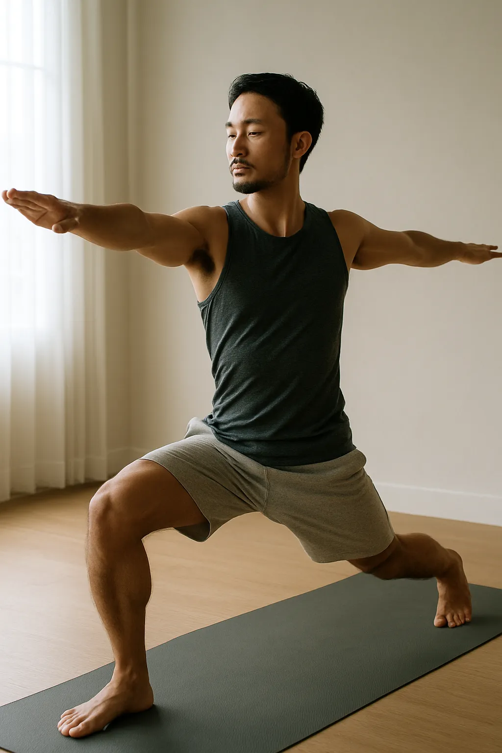 Athlete mid-flow in yoga, martial arts, or slow-motion strength work, with serene expression and soft natural light.