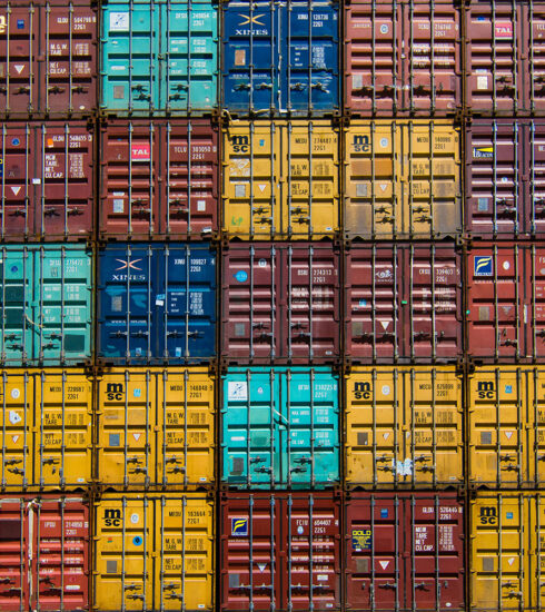 Colourful wall of shipping containers