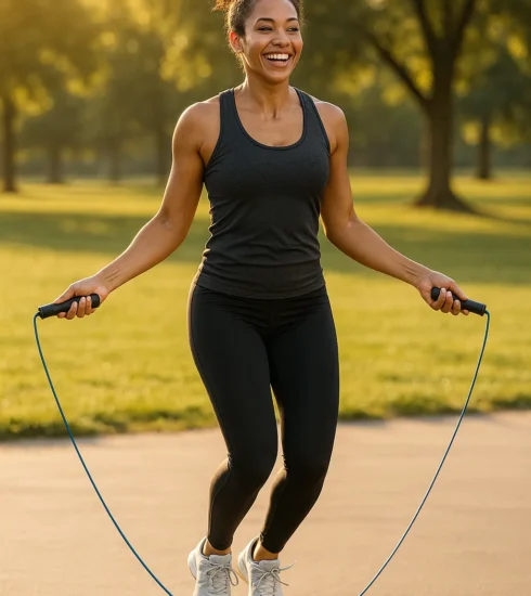 A person mid-air with a skipping rope in a sunlit park or fitness studio, smiling and active.