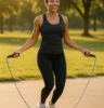 A person mid-air with a skipping rope in a sunlit park or fitness studio, smiling and active.