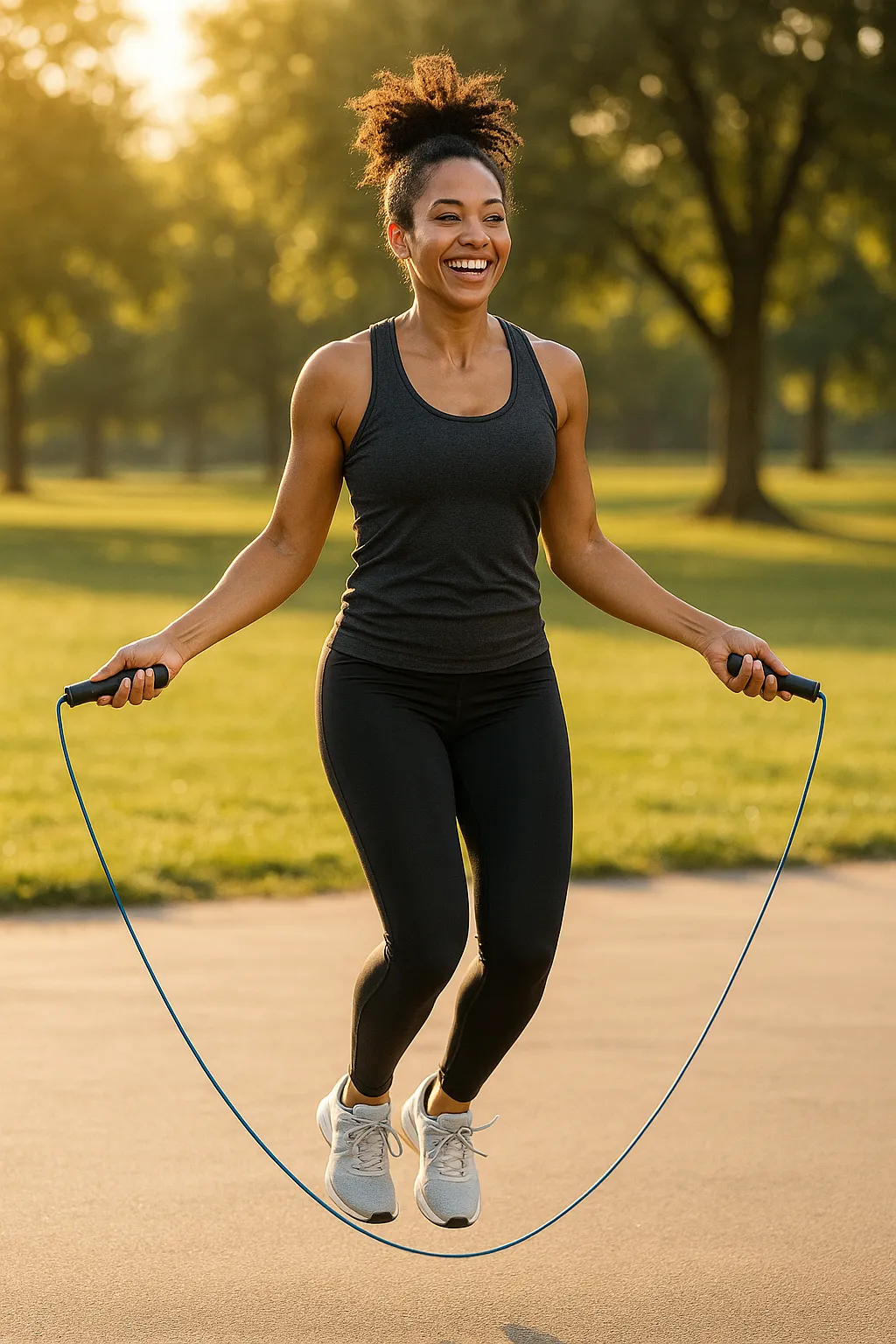 A person mid-air with a skipping rope in a sunlit park or fitness studio, smiling and active.