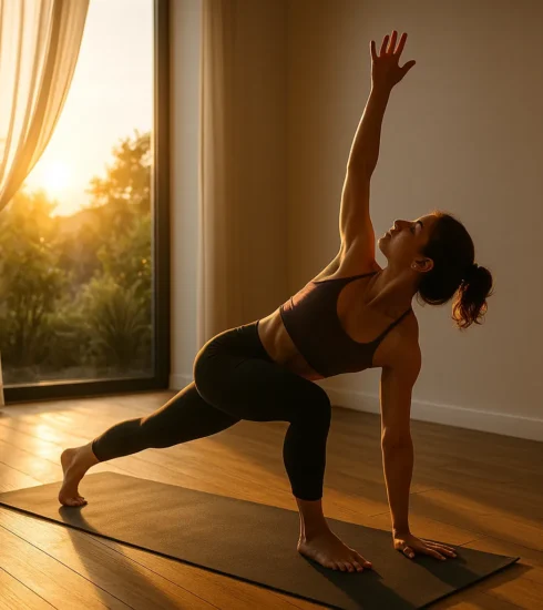 Athlete or yogi in a dynamic stretching pose (e.g., lunge twist or downward dog to plank flow) with sunrise lighting in a natural or studio setting