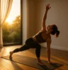 Athlete or yogi in a dynamic stretching pose (e.g., lunge twist or downward dog to plank flow) with sunrise lighting in a natural or studio setting