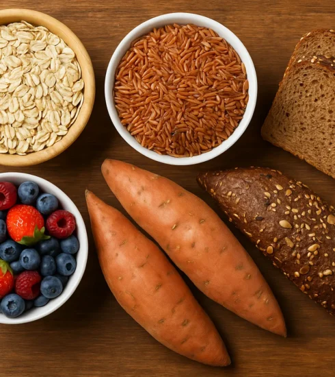 Colorful selection of carbohydrate-rich foods- oats, brown rice, sweet potato, berries, and whole grain bread on a wooden table