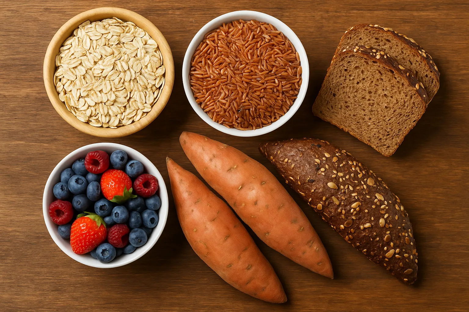 Colorful selection of carbohydrate-rich foods- oats, brown rice, sweet potato, berries, and whole grain bread on a wooden table