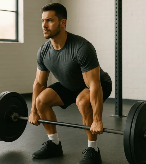 Athlete performing a barbell squat or deadlift in a gym, with focus on full-body engagement and strong posture