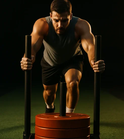 Athlete pushing a sled outdoors on turf or gym floor, with dramatic lighting highlighting effort and muscle engagement