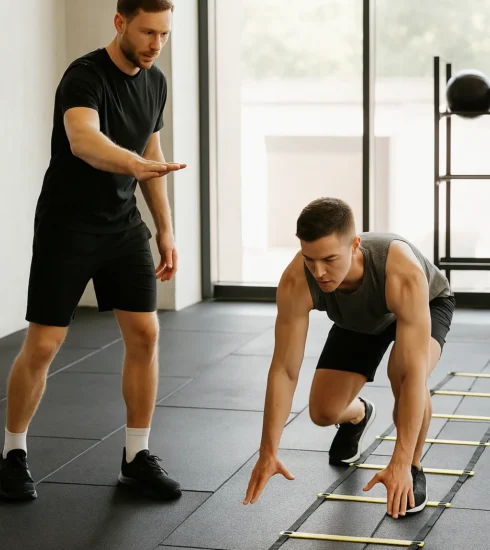Coach guiding an athlete through a balance drill or movement pattern (e.g. crawling, single-leg balance, agility ladder) in a light-filled gym or outdoor setting