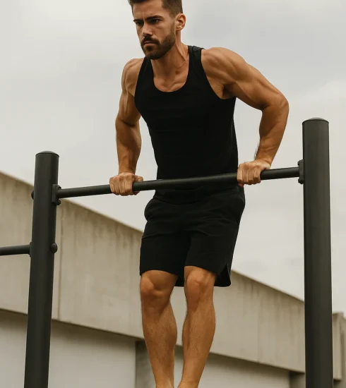 Athlete performing a controlled calisthenics move like a muscle-up, front lever, or handstand push-up outdoors or in a minimal training environment