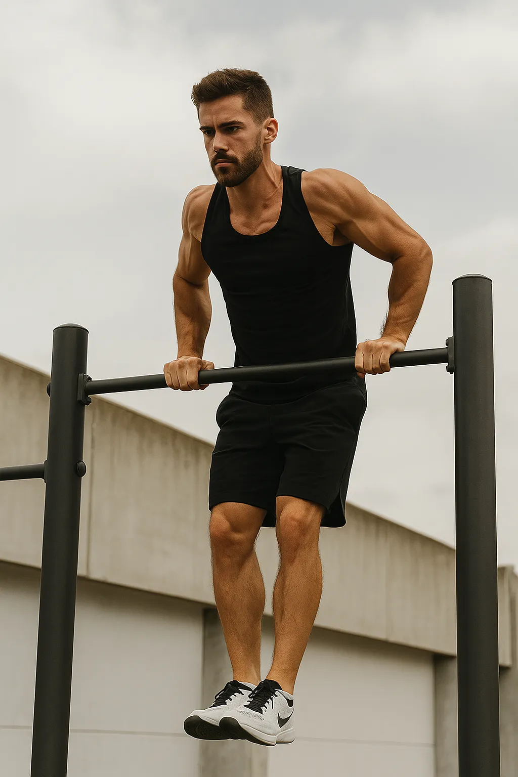 Athlete performing a controlled calisthenics move like a muscle-up, front lever, or handstand push-up outdoors or in a minimal training environment