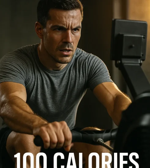 Close-up of a rower mid-stroke on a rowing machine, face showing focus and determination, with dramatic gym lighting or natural sunrise