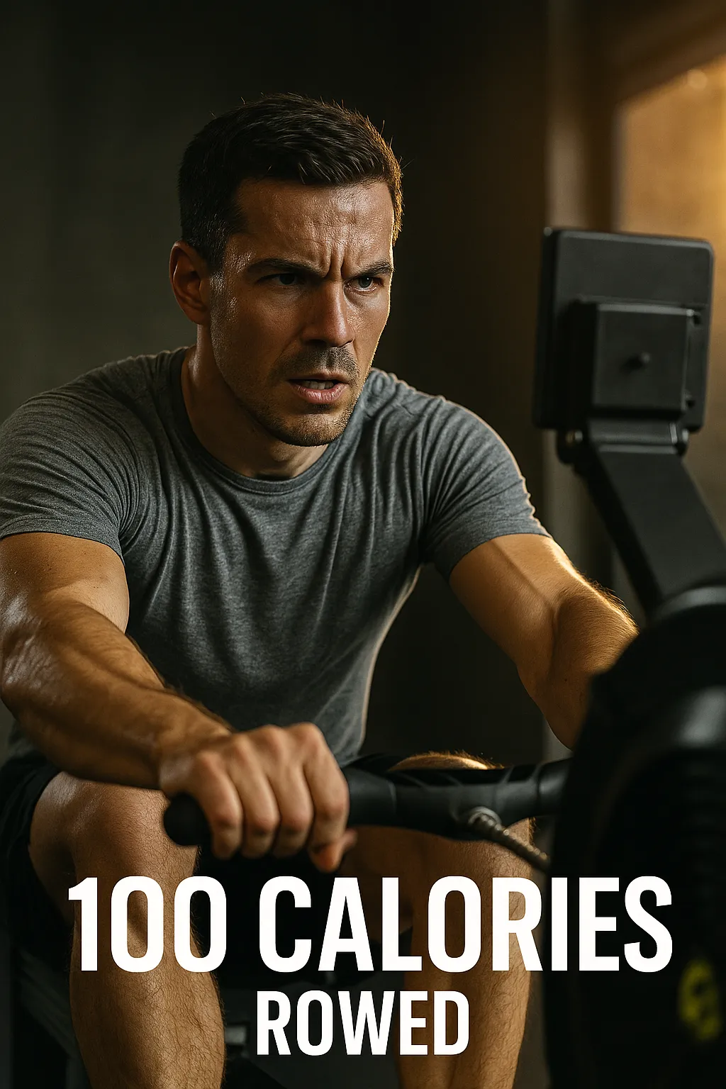 Close-up of a rower mid-stroke on a rowing machine, face showing focus and determination, with dramatic gym lighting or natural sunrise
