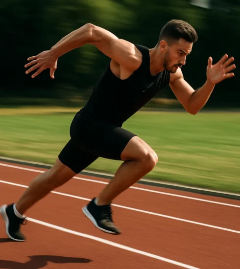 Sprinter launching off the start line or mid-stride on a track, muscles engaged and motion blurred for dramatic effect