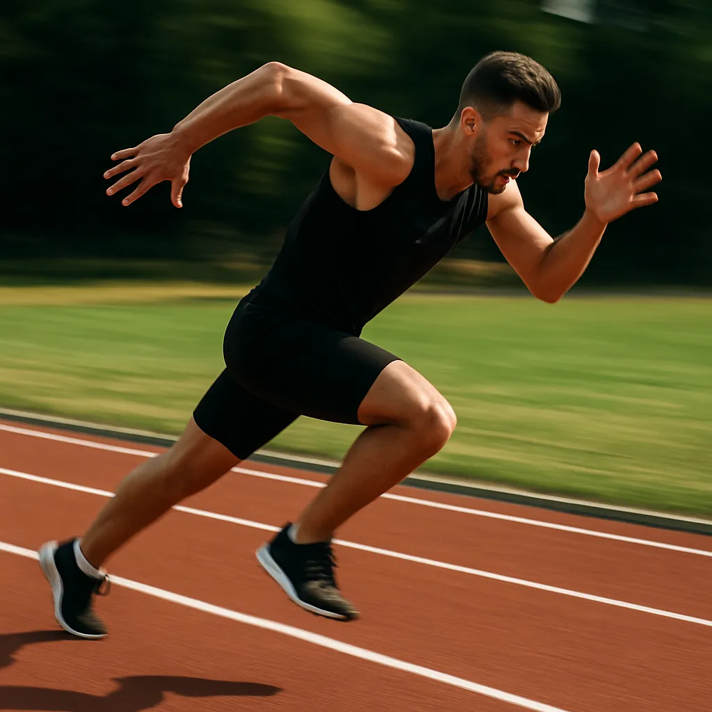 Sprinter launching off the start line or mid-stride on a track, muscles engaged and motion blurred for dramatic effect