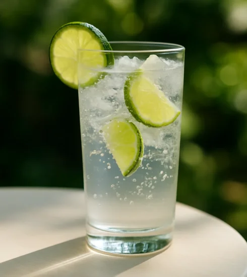 Refreshing non-alcoholic drink (e.g. sparkling water with lime) on a table with sunlight and greenery in the background