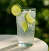 Refreshing non-alcoholic drink (e.g. sparkling water with lime) on a table with sunlight and greenery in the background