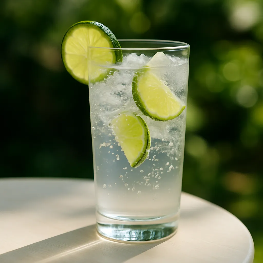 Refreshing non-alcoholic drink (e.g. sparkling water with lime) on a table with sunlight and greenery in the background
