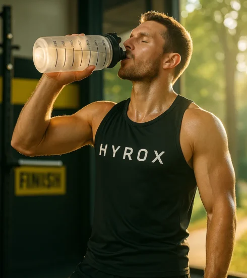 Athlete drinking water from a reusable bottle in the gym or on a trail, sunlit and energised