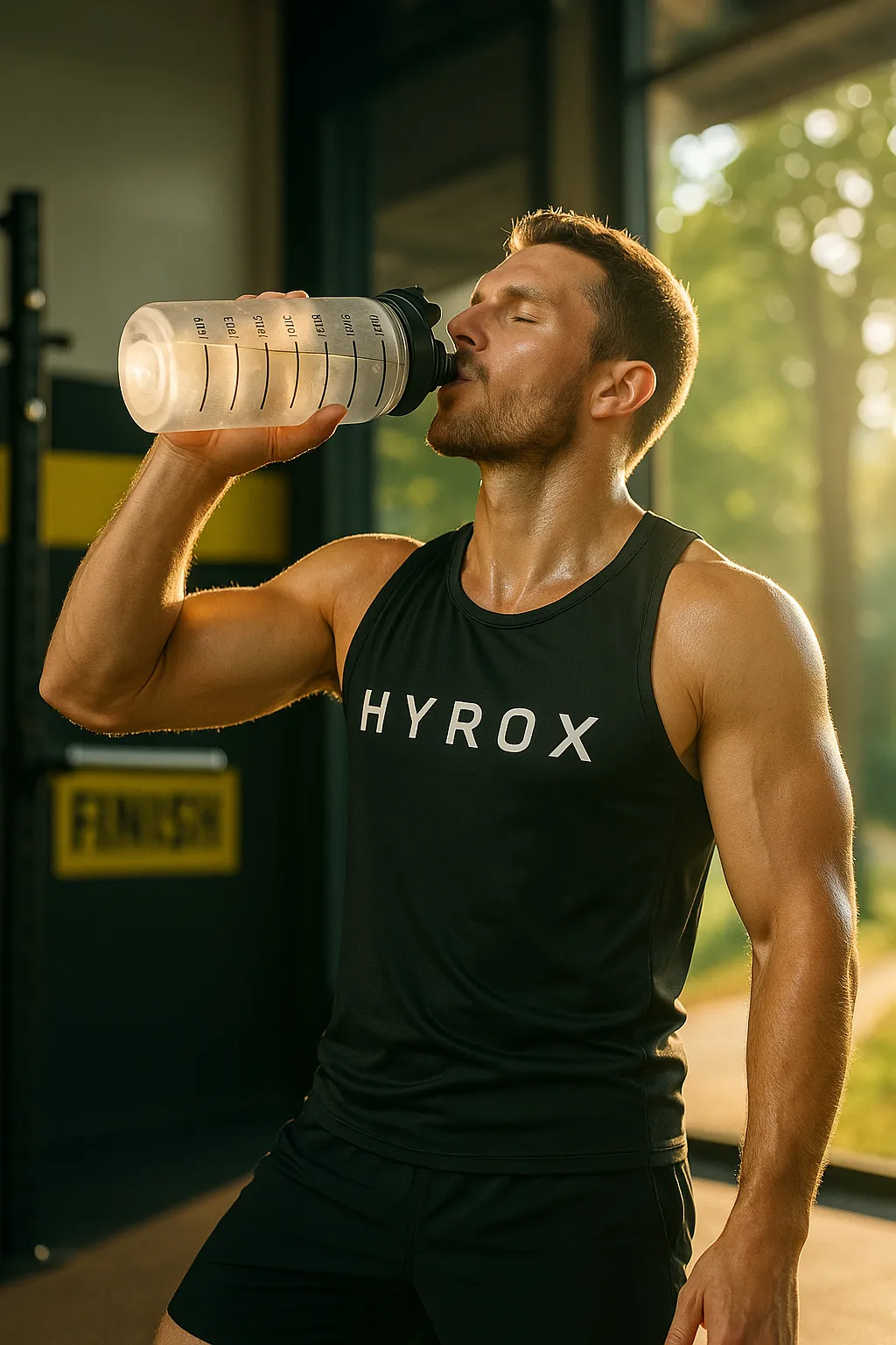 Athlete drinking water from a reusable bottle in the gym or on a trail, sunlit and energised