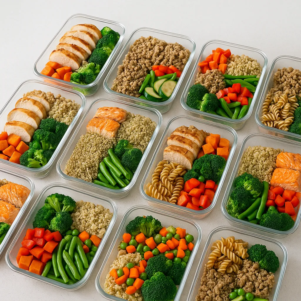 Organised containers of colourful, balanced meals lean protein, complex carbs, vegetables on a clean kitchen counter