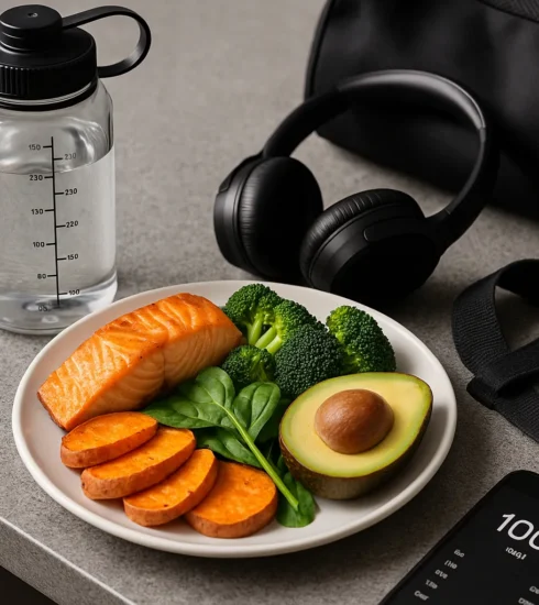Plate of vibrant, whole foods next to gym gear e.g. water bottle, lifting straps, headphones on a kitchen counter or gym bag