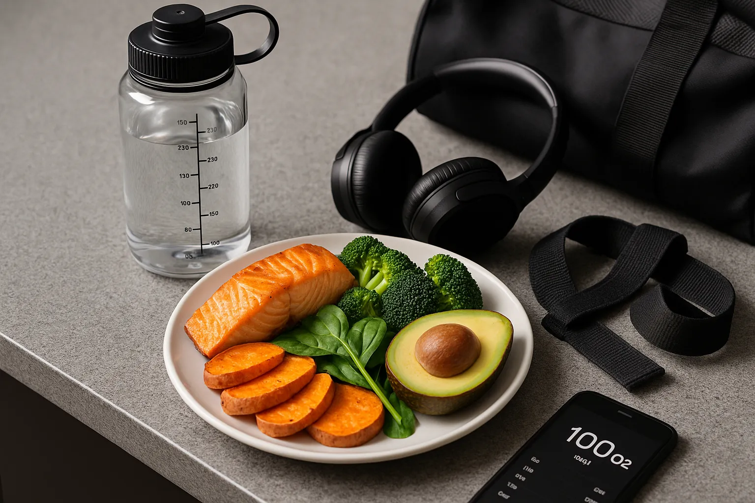 Plate of vibrant, whole foods next to gym gear e.g. water bottle, lifting straps, headphones on a kitchen counter or gym bag