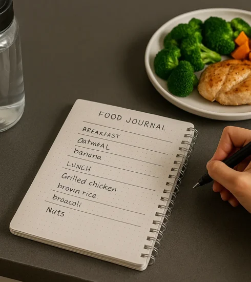 Person writing in a food journal or tracking meals on an app with a nutritious meal and water bottle nearby