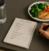 Person writing in a food journal or tracking meals on an app with a nutritious meal and water bottle nearby