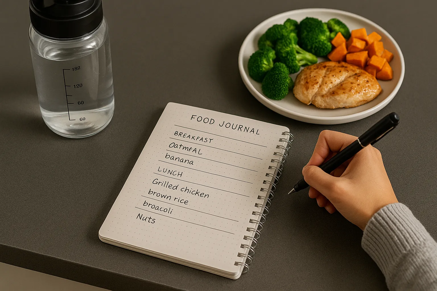 Person writing in a food journal or tracking meals on an app with a nutritious meal and water bottle nearby