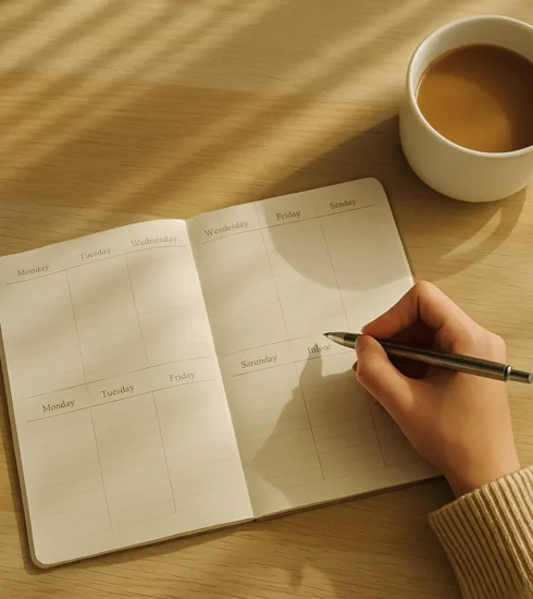 Flat lay of a Sunday planning session- open journal or weekly planner, cup of tea or coffee, and soft lighting through a window