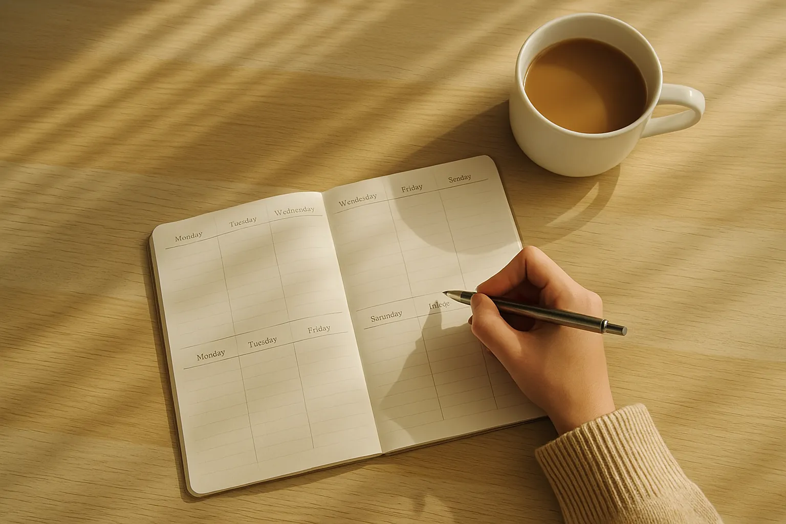 Flat lay of a Sunday planning session- open journal or weekly planner, cup of tea or coffee, and soft lighting through a window
