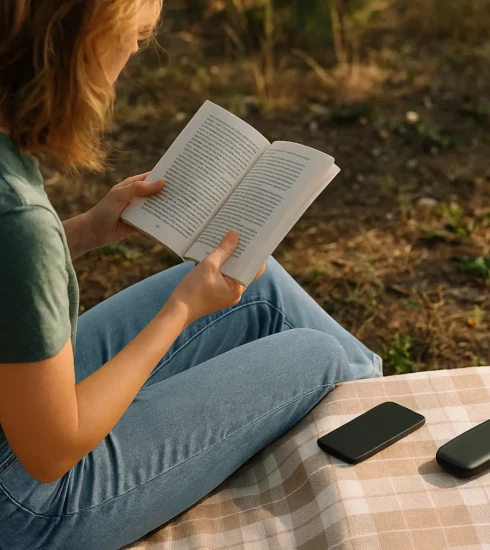 Person enjoying nature or reading a book outdoors with phone turned off and placed face down nearby.