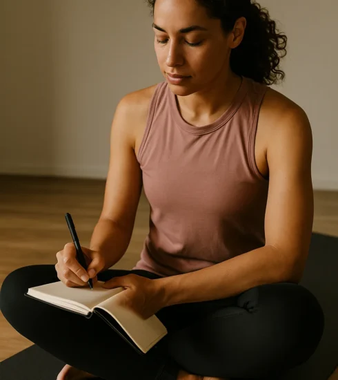 Person sitting on a gym mat post-workout, journaling or reflecting, with a calm focused expression.