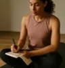 Person sitting on a gym mat post-workout, journaling or reflecting, with a calm focused expression.
