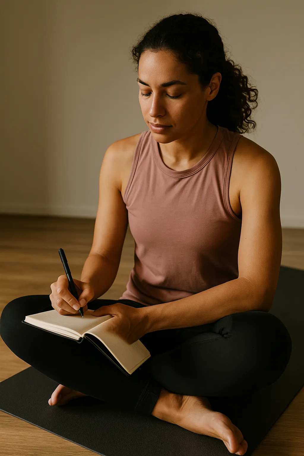 Person sitting on a gym mat post-workout, journaling or reflecting, with a calm focused expression.