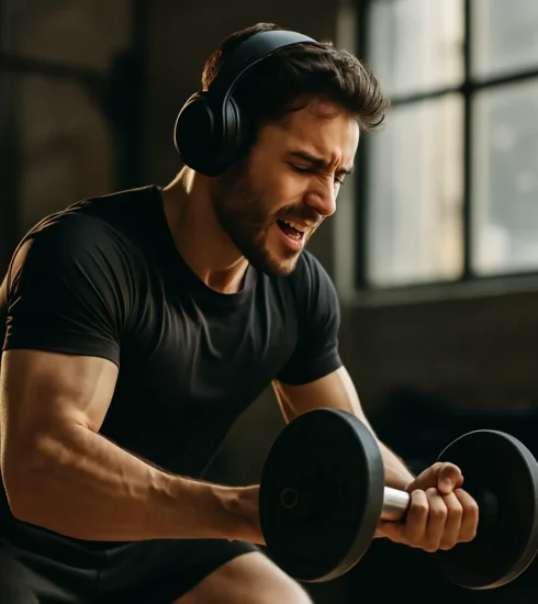 Person wearing headphones mid-workout (e.g. lifting, running, dancing), immersed in rhythm, with motion and energy