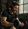 Person wearing headphones mid-workout (e.g. lifting, running, dancing), immersed in rhythm, with motion and energy