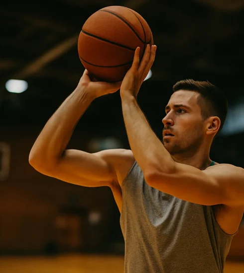 Athlete mid-action (e.g., a basketball free throw, tennis serve, or sprint start) with intense focus and blurred background showing flow state