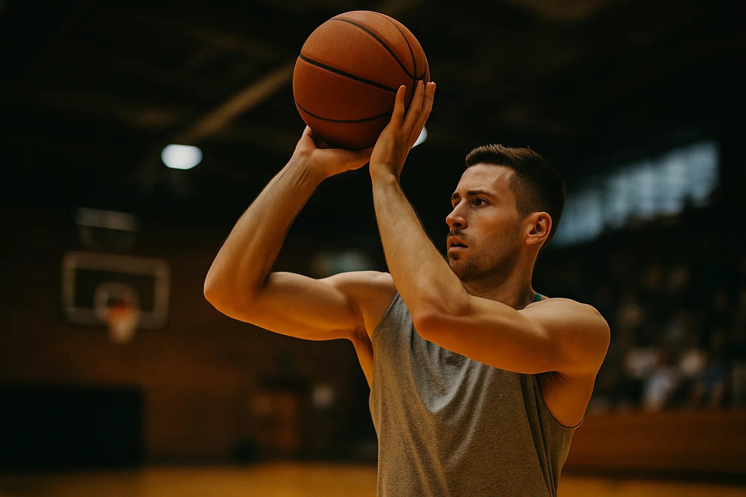 Athlete mid-action (e.g., a basketball free throw, tennis serve, or sprint start) with intense focus and blurred background showing flow state