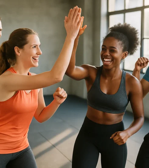 Diverse group of people in a high-energy group fitness class (e.g., HIIT, spin, bootcamp) smiling, moving in sync, or high-fiving post-workout