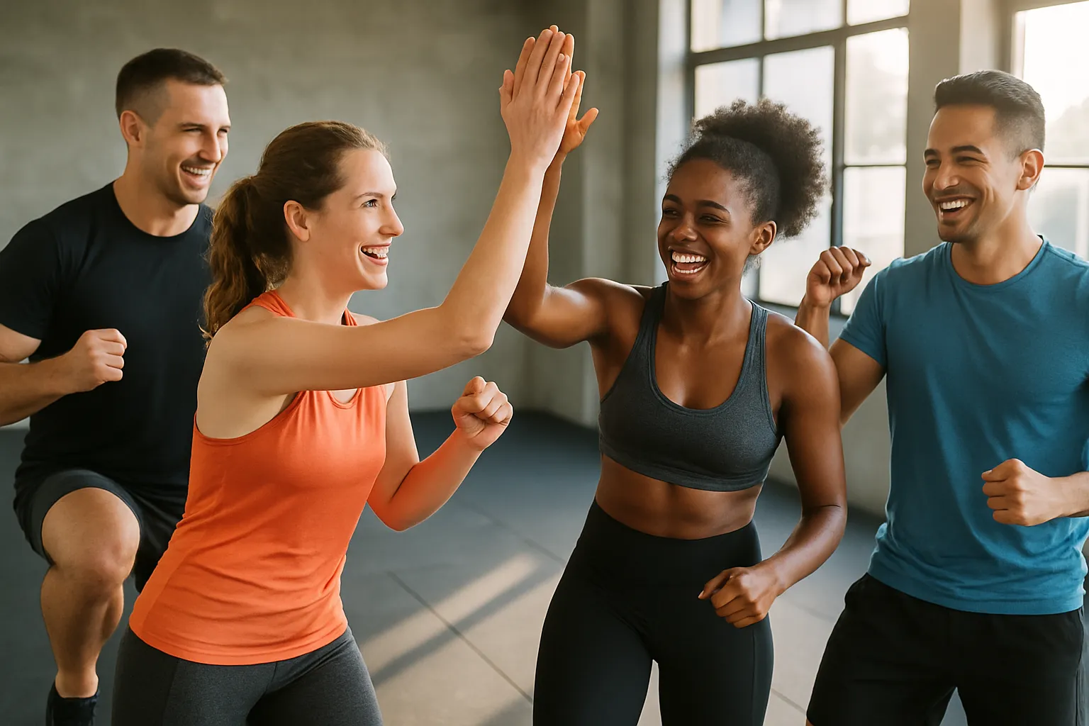 Diverse group of people in a high-energy group fitness class (e.g., HIIT, spin, bootcamp) smiling, moving in sync, or high-fiving post-workout