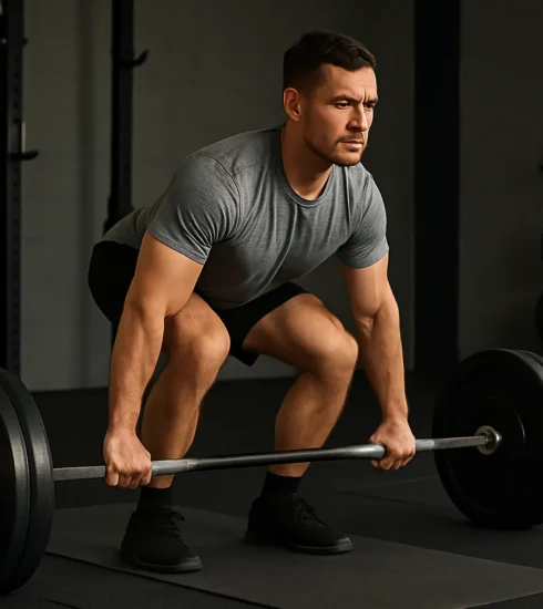 Athlete performing a classic lift (e.g., squat, deadlift, overhead press) with strong form and focus in a gym setting